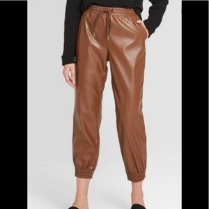 Brown faux leather joggers